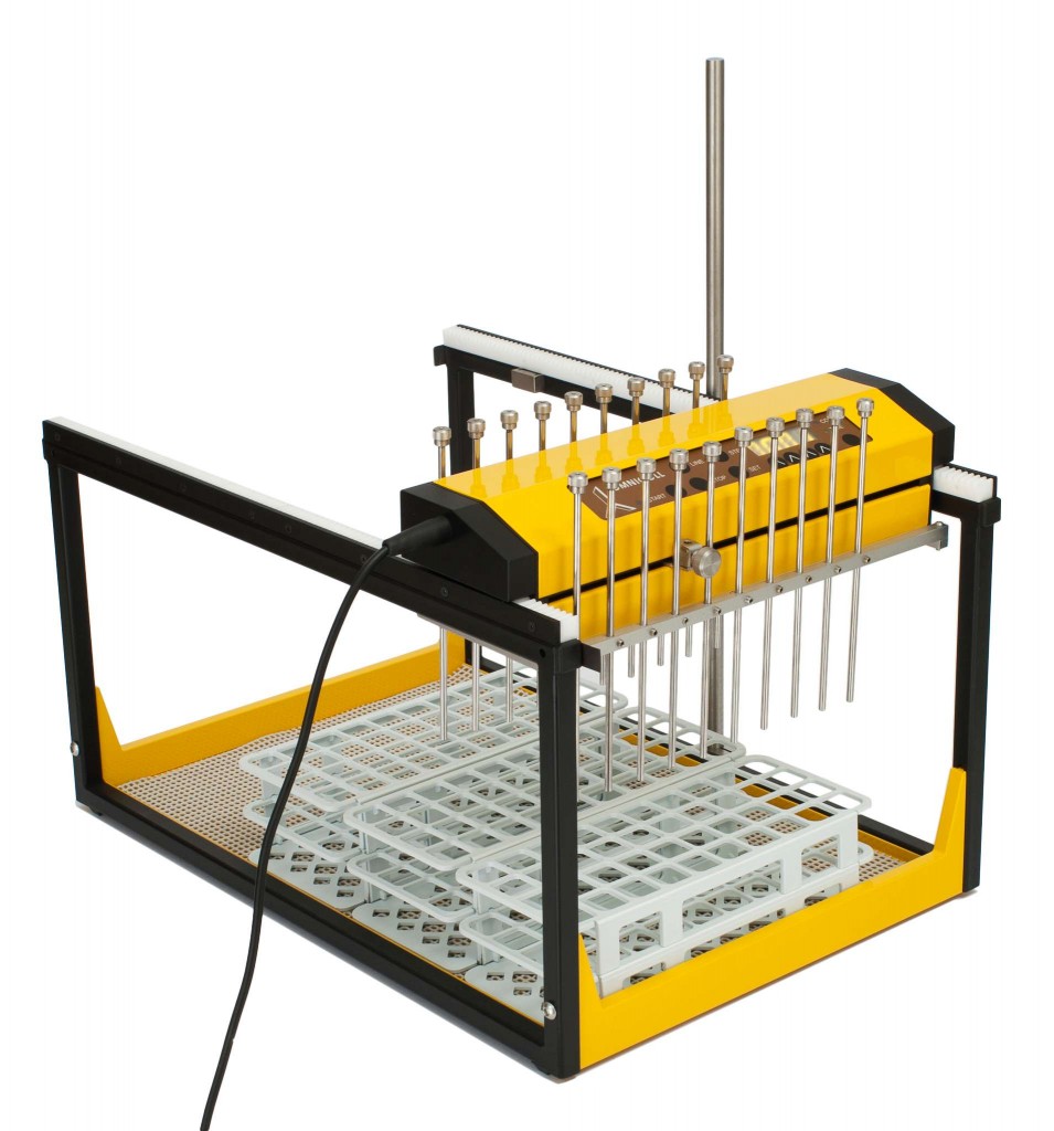 Muestreador, distribuidor, dispensador para la toma de 20 flujos o caudales 2x10 simultáneos